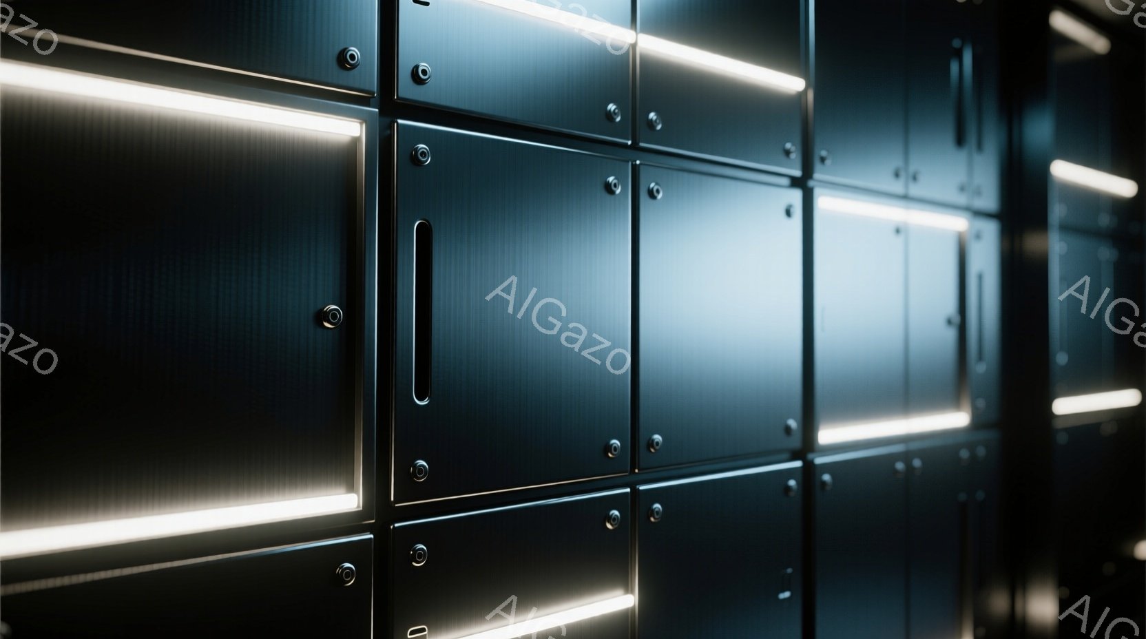 この画像は、一列に並んだ黒色の金属製のロッカーの壁面を捉えています。各ロッカーには、光る白いラインライトが水平に走り、金属表面の質感を強調しています。全体的に、未来的な、あるいは産業的な雰囲気で、均一な繰り返しが特徴的です。