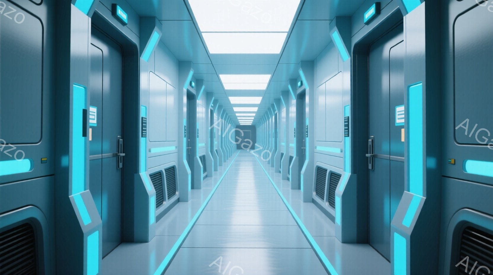 未来的な廊下が遠近法で描かれており、左右に等間隔に配置された金属製のドアが連なっている。青色のネオンライトがドアの上部と床の端を照らし、無機質で冷たい雰囲気を醸し出している。廊下は長く、奥へと続くため、閉鎖的で緊張感のある空間を作り出している。