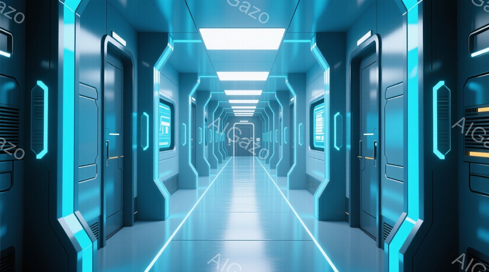 未来的な廊下が、青と白の光で照らされています。壁には幾何学的な模様が施され、整然とした金属製の扉が等間隔に並んでいます。廊下の床は光沢があり、遠くまで続く視覚的な奥行きを作り出しています。