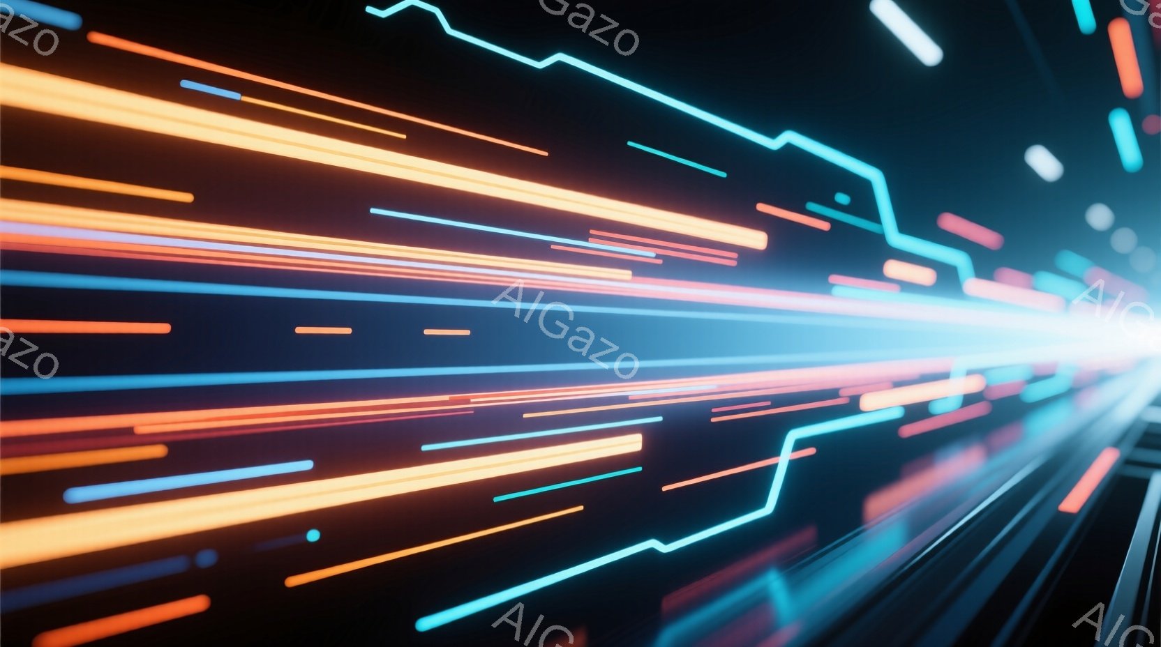 この画像は、明るい光線が急速に遠近法で収束する抽象的な表現です。鮮やかなオレンジ、青、赤のラインが、暗い背景を貫き、速度感とエネルギーを感じさせます。未来的なトンネルや高速道路のような視覚効果を生み出 - AI生成フリー素材