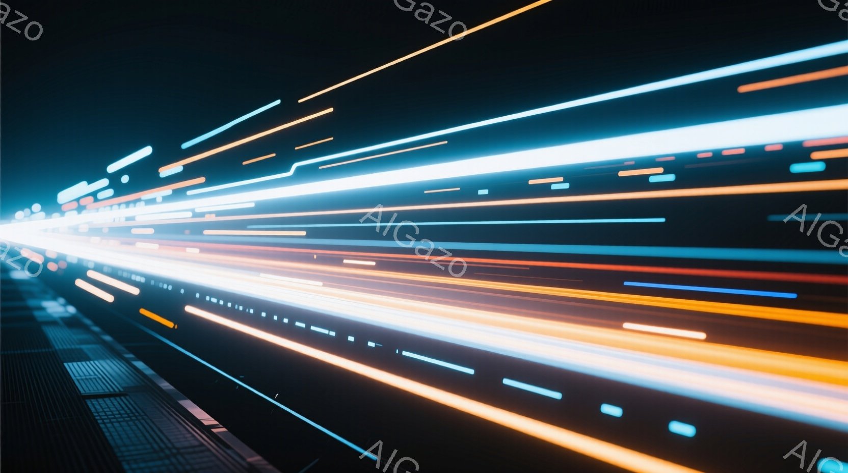 夜間の道路を捉えた写真で、ライトが長露光で描かれ、強烈な光の軌跡が視覚的な強さを生み出している。アスファルトの路面が前景にわずかに見え、光の帯が遠方へと収束していくことで、スピード感と未来的な雰囲気を醸し出している。全体的に、都市の活気とテクノロジーの進歩を象徴するような、ダイナミックで抽象的なイメージである。