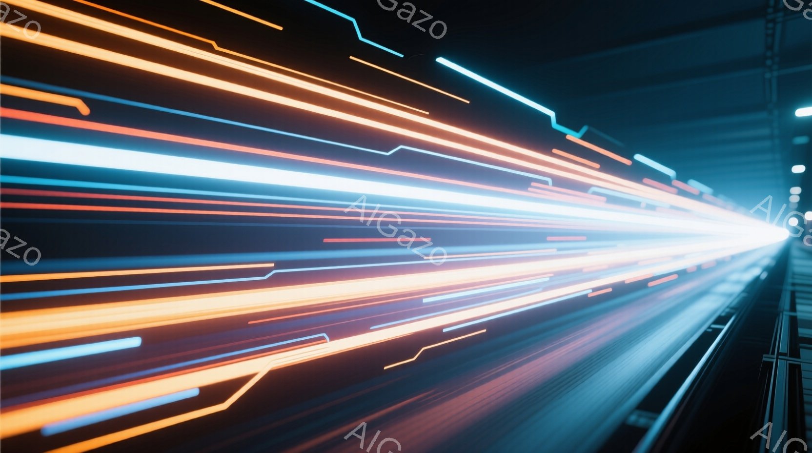 速度感のある光の線が、暗いトンネルのような空間を画面手前から奥へと勢いよく伸びています。オレンジ、赤、水色のラインがぼやけ、まるで高速で移動する物体やエネルギーの流れを表現しているかのようです。全体的 - AI生成フリー素材