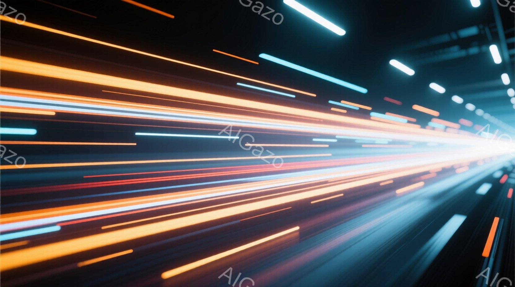 この画像は、高速で移動する視点を捉えた抽象的な表現で、オレンジと青の光の線が前景から遠近法的に収束し、スピード感とエネルギーを強調しています。光の線は、まるでトンネルのような空間を駆け抜ける様子を連想させ、未来的な雰囲気とダイナミックな動きを感じさせます。全体的に、強いコントラストと鮮やかな色彩が、見る者に強烈な視覚的印象を与えます。