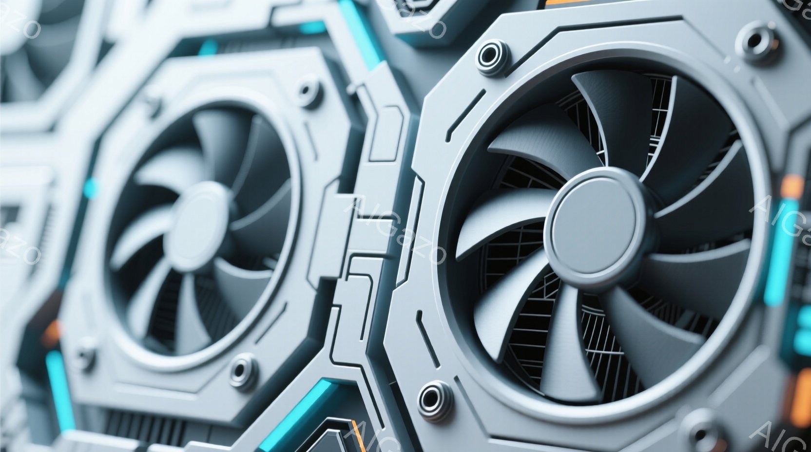 画像は、冷却ファン２つが近接して写されたクローズアップ写真です。ファンは銀色で、複雑なデザインが施されており、青い光のラインがアクセントになっています。全体的に未来的でメカニカルな雰囲気を醸し出しており、ハイテク機器の一部であると思われます。