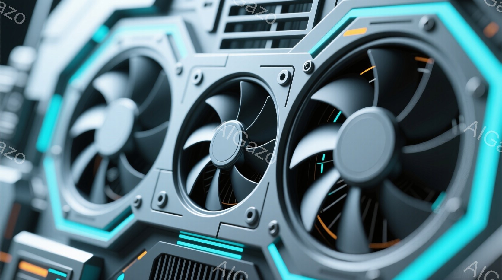 画像は高性能なグラフィックカードの冷却ファン部分を捉えたクローズアップです。金属製の筐体はダークグレーで、鮮やかなターコイズブルーのライトが縁取りと隙間に配置されています。ファンは３つ並んでおり、黒色のブレードが回転する様子を連想させるデザインで、全体的に近未来的でテクノロジー感あふれる印象を与えます。