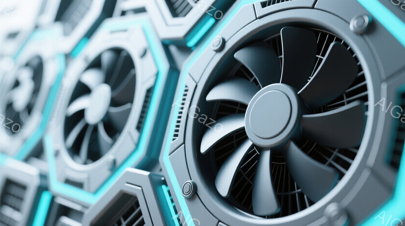 この画像は、未来的な冷却ファンが並んだ近接ショットです。ファンは灰色で、明るい青色のネオンライトで縁取られており、ハイテクな印象を与えます。背景はぼやけていますが、おそらくコンピューターやサーバーの内部構造の一部であると考えられます。