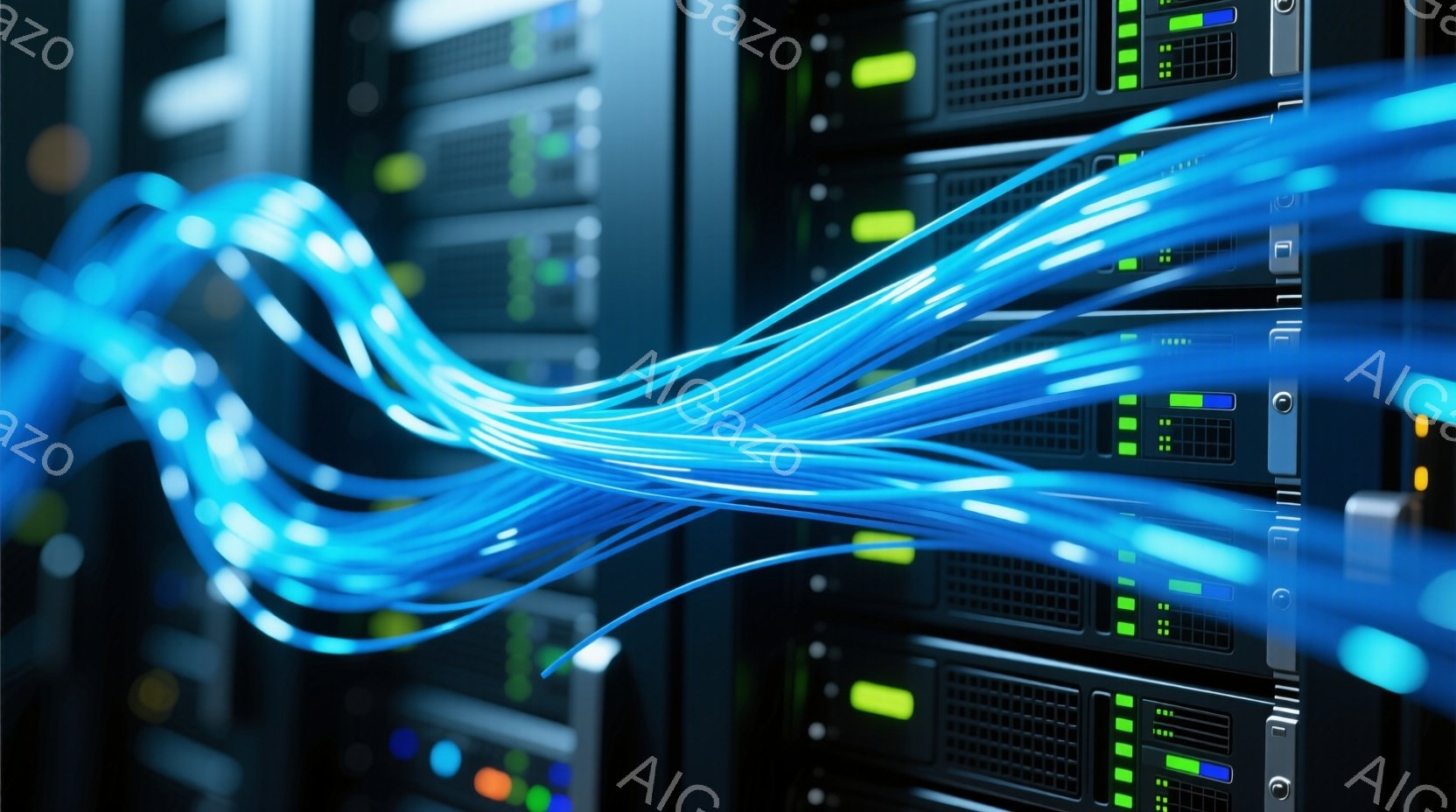 画像は、サーバーラックの密集した列を捉えており、青いケーブルが前面を駆け抜けている。各サーバーには、緑色の小さなライトが点滅しており、稼働状況を示している。全体的に、データセンターや通信インフラストラクチャを連想させる、技術的で未来的、そしてやや無機質な雰囲気が漂っている。