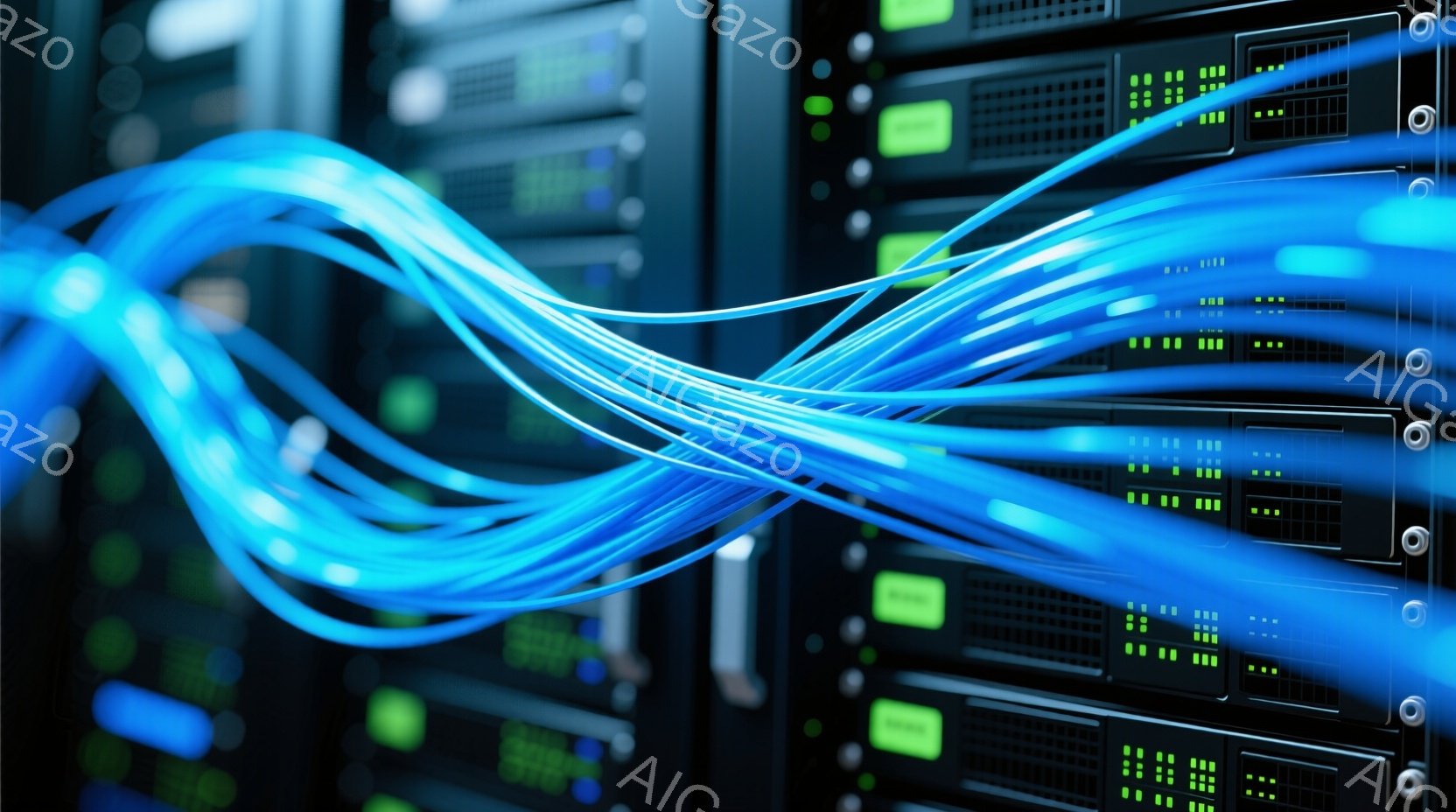 この画像は、青いケーブルが乱雑に絡み合い、黒いサーバーラックの前に広がっている様子を捉えています。サーバーラックには緑色の点灯したインジケーターがあり、内部の動作を示唆しています。全体的に、高度な技術 - AI生成フリー素材