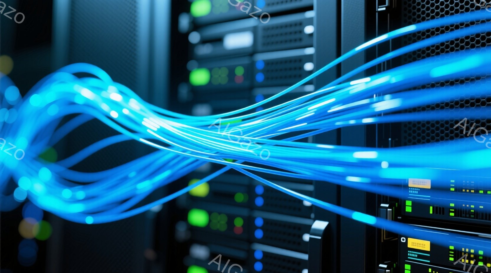 鮮やかな青色のケーブルが、黒色のサーバーラックの間を流れるように配置されている。サーバーラックには緑色の小さなライトが点灯しており、システムの稼働状況を示唆している。全体的に、デジタルインフラストラクチャの複雑さと、高速データ転送のイメージを表現している。