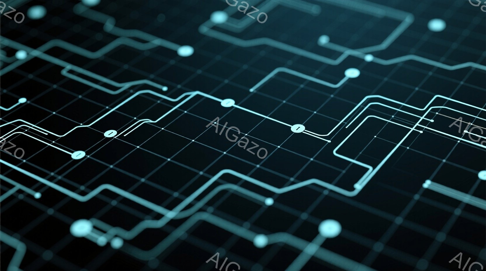 漆黒の背景に、明るい青色の回路が複雑に広がる様子が描かれています。回路は細い線と小さな丸いノードで構成され、まるで電子基板の内部を覗き込んでいるかのような印象を与えます。全体的に未来的な雰囲気で、テクノロジーやデジタル世界を連想させるビジュアルです。