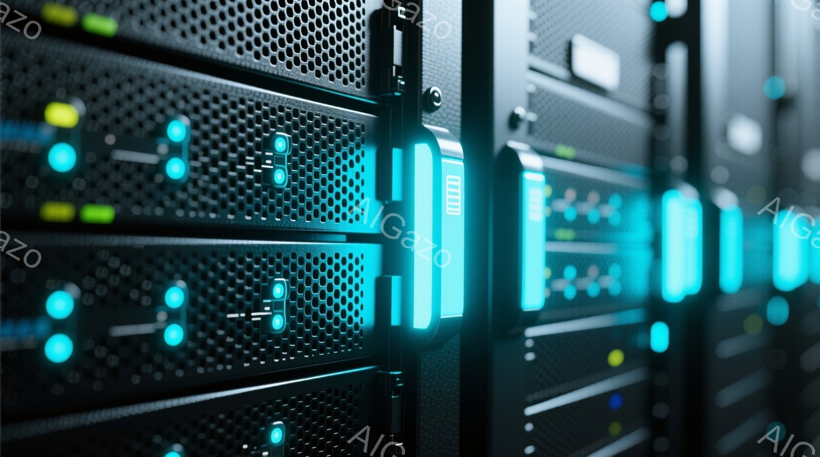 この画像は、サーバーラックの密集した列を捉えたクローズアップです。各ラックは金属製のメッシュフロントを持ち、青と緑のLEDライトが点滅しています。全体的に、デジタルインフラストラクチャの技術的で未来的な雰囲気が漂っています。