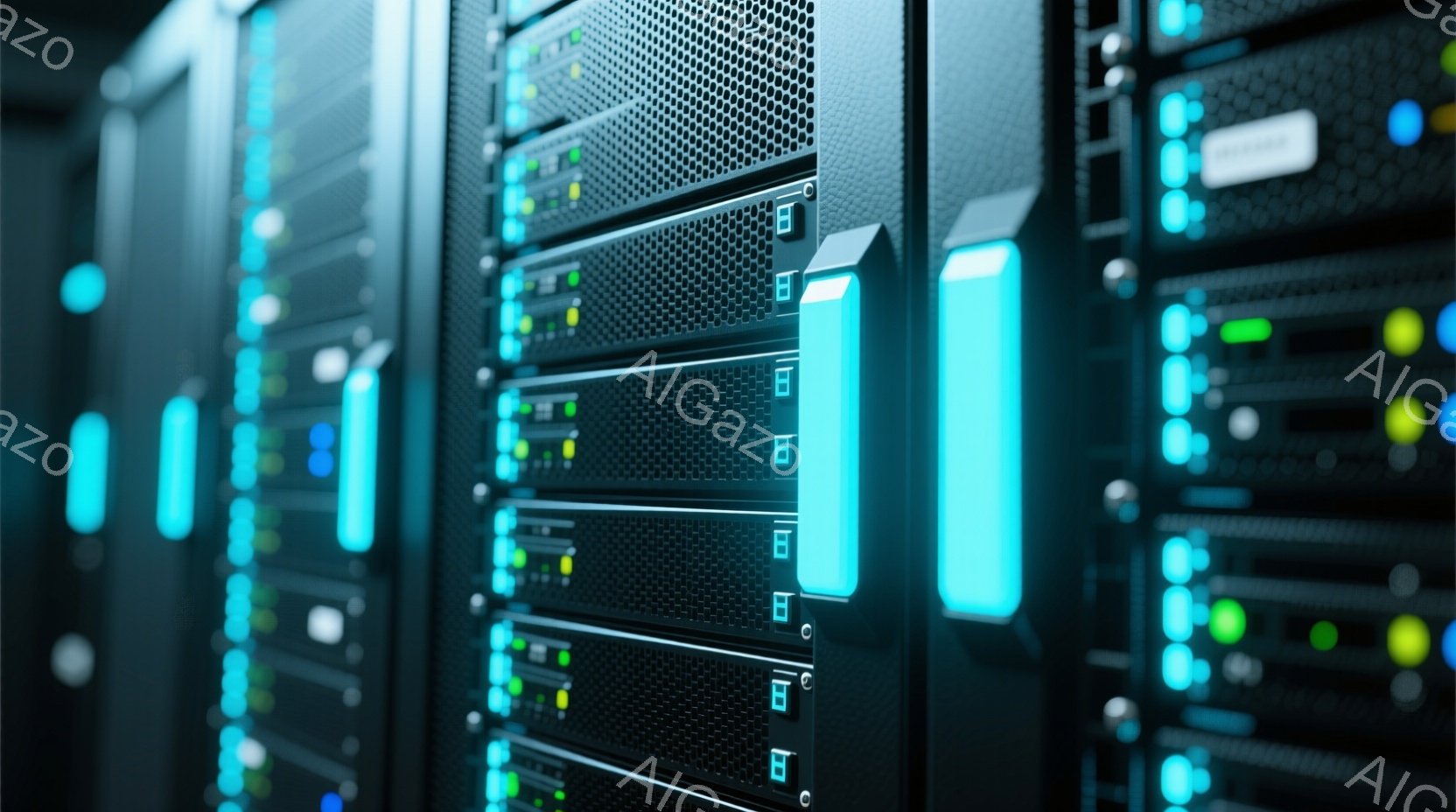 画像は、青色の発光ダイオードが点灯したサーバーラックの密集した列を示しています。ラックは黒い金属製で、冷却のために小さな通気孔が規則的に並んでいます。暗く、技術的な環境を連想させる、クールで効率的な雰囲気です。