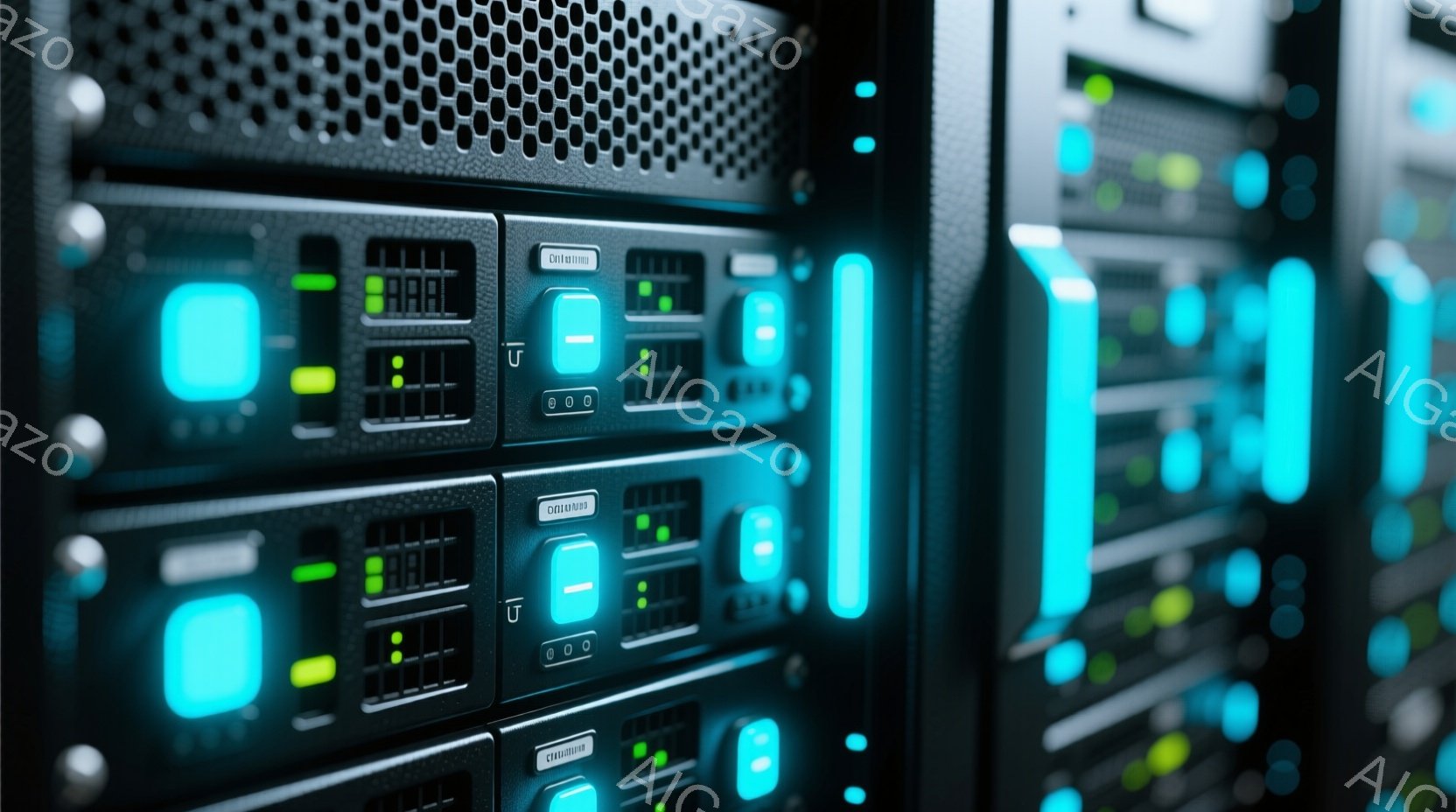 この画像は、青緑色の光が点滅するサーバーラックのクローズアップです。多数のサーバーブレードが縦に並び、それぞれに点灯しているインジケーターライトが見られます。全体的に、暗い背景と明るいライトのコントラストが、技術的な雰囲気とデータセンターの内部構造を強調しています。