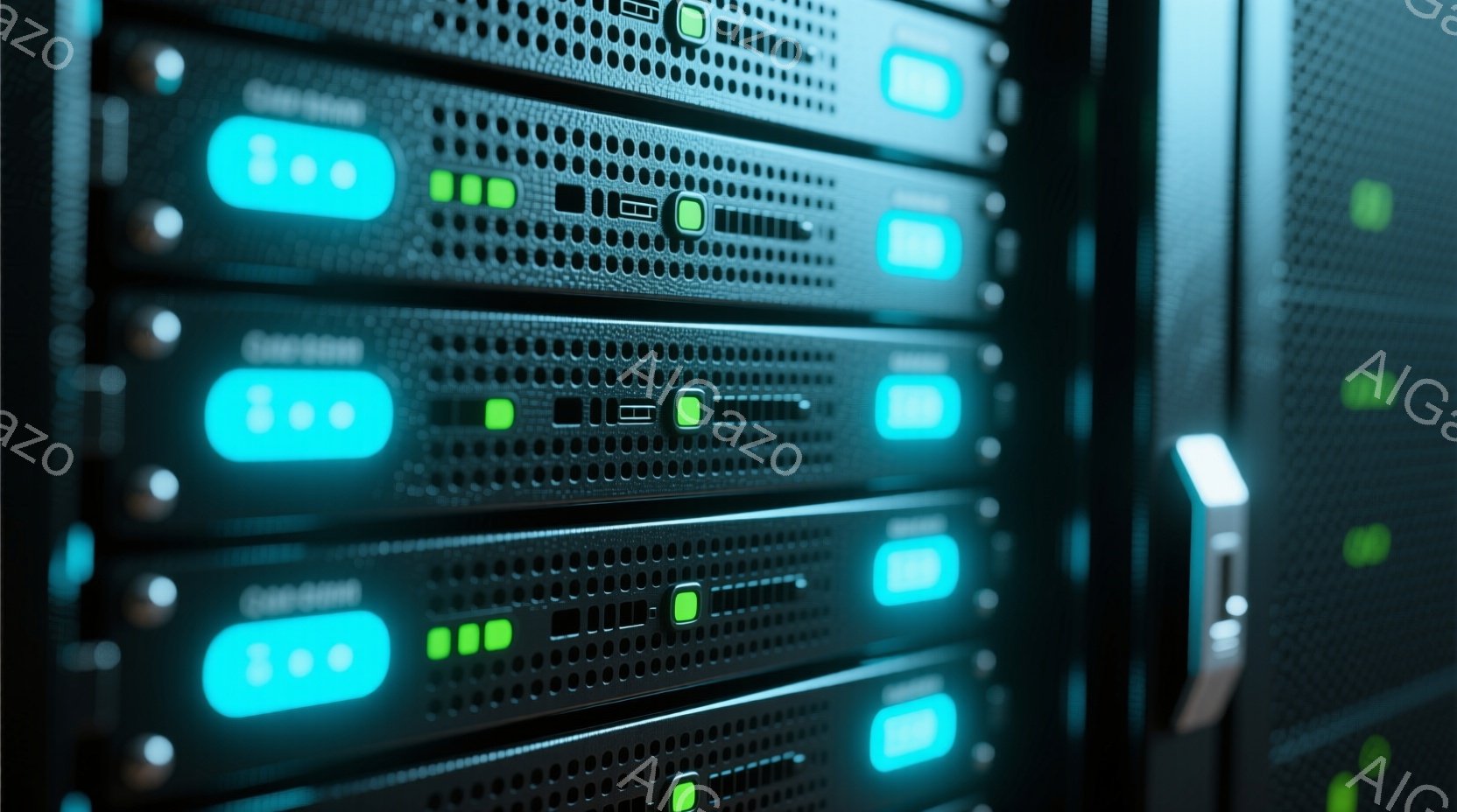 この画像は、サーバーラックの近接ショットで、青と緑の光るインジケーターライトが並んでいます。ラックは黒い金属製で、通気孔が特徴的です。全体的に、データセンターや技術的な環境を連想させる、未来的で冷たい印象を与えます。
