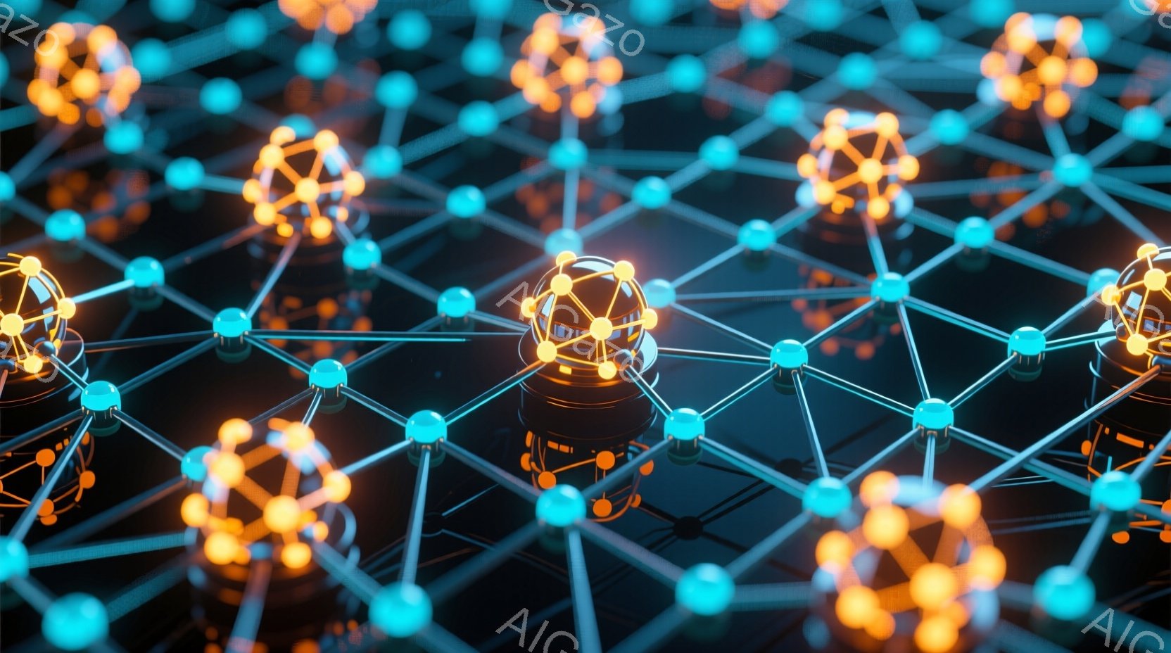 この画像は、複雑なネットワーク構造を抽象的に表現したものです。オレンジ色の光る球体が、細い青い線で結ばれ、まるで分子構造や神経回路網のような印象を与えます。黒い背景に光が反射し、未来的なテクノロジーや科学的なコンセプトを想起させる雰囲気です。