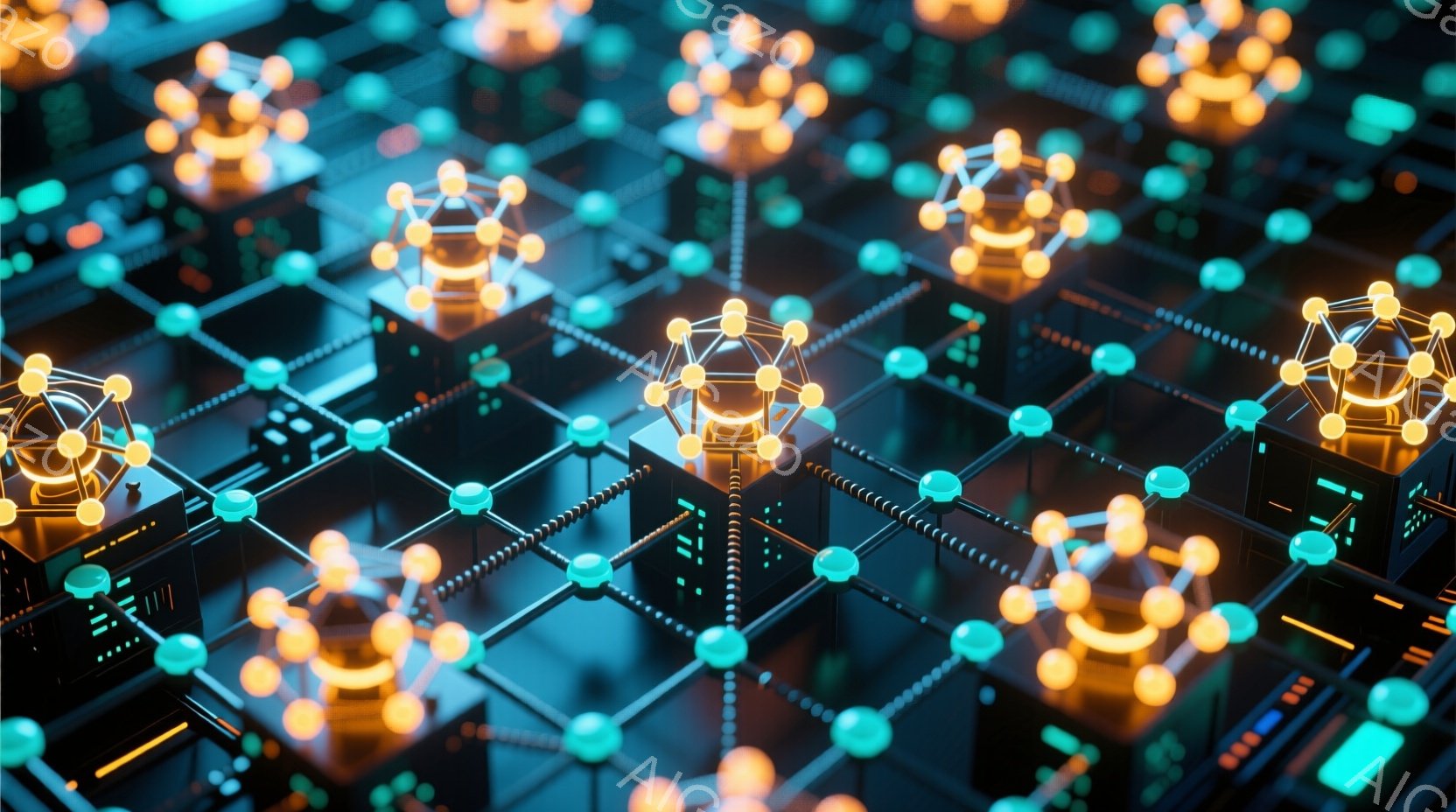 この画像は、青とオレンジの光が織りなす、複雑なネットワーク構造を捉えています。明るいオレンジ色の立方体状のノードが、細い青色の線で繋がれ、まるで電子回路やデジタル空間を視覚化したかのようです。全体的に - AI生成フリー素材