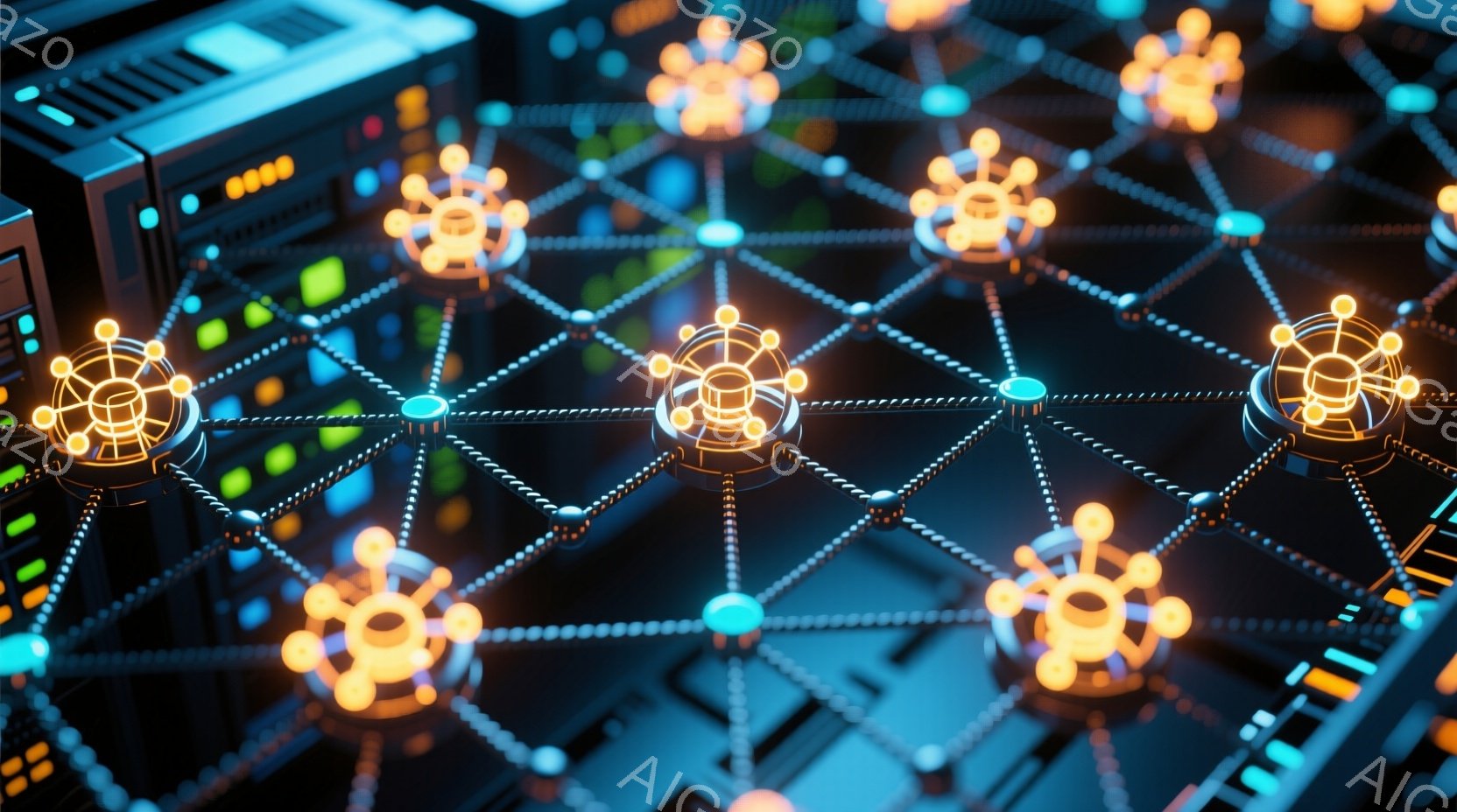 この画像は、暗い背景に浮かび上がる、光り輝くネットワーク構造を表しています。各ノードは、複雑なオレンジ色の発光体で構成され、細い青い線で接続されています。背景には、電子機器や回路基板のような構造がぼん - AI生成フリー素材