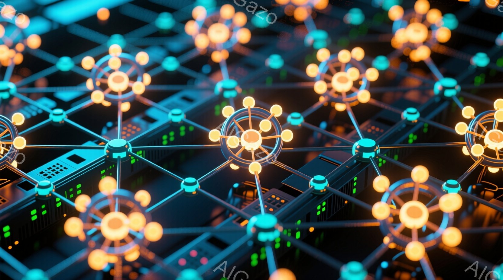 この画像は、複雑なネットワーク構造を表現したコンピューターグラフィックスです。明るいオレンジ色の球体と、それらを結ぶ細い青い線が、まるで都市の夜景のような光景を作り出しています。全体的に、未来的なテクノロジーと繋がりを象徴する、鮮やかで抽象的なイメージです。