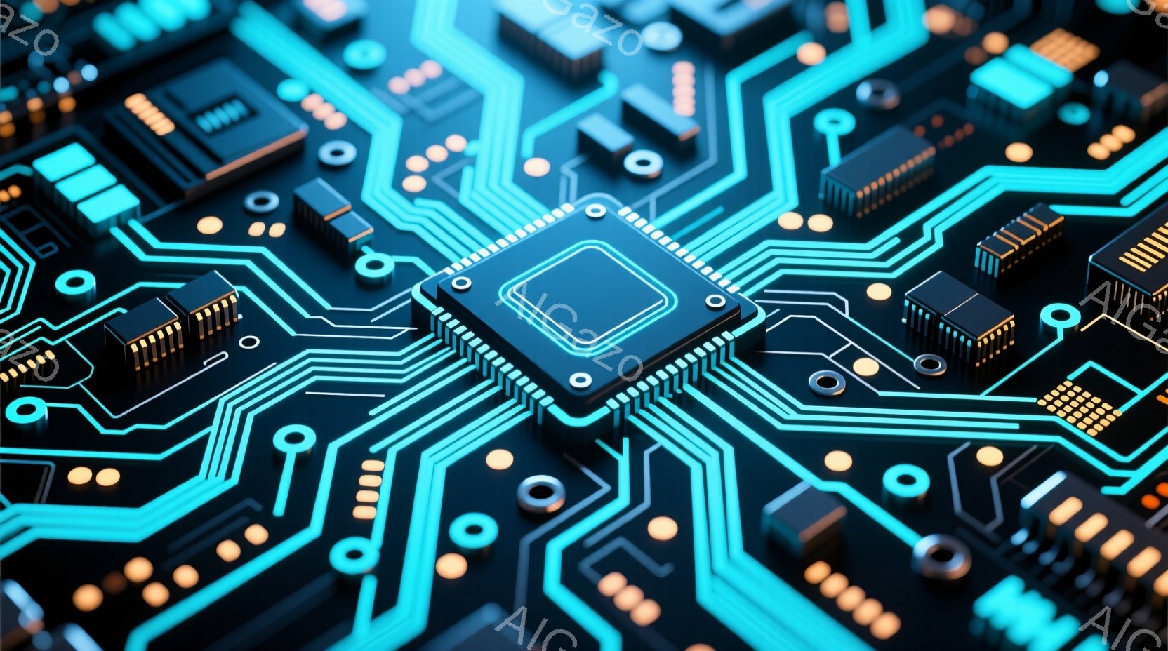 この画像は、複雑な回路基板をクローズアップしたものです。鮮やかな水色の線が回路を形成し、黒い電子部品が規則的に配置されています。全体的に未来的な雰囲気で、テクノロジーの進歩やデジタル化を象徴しているように見えます。
