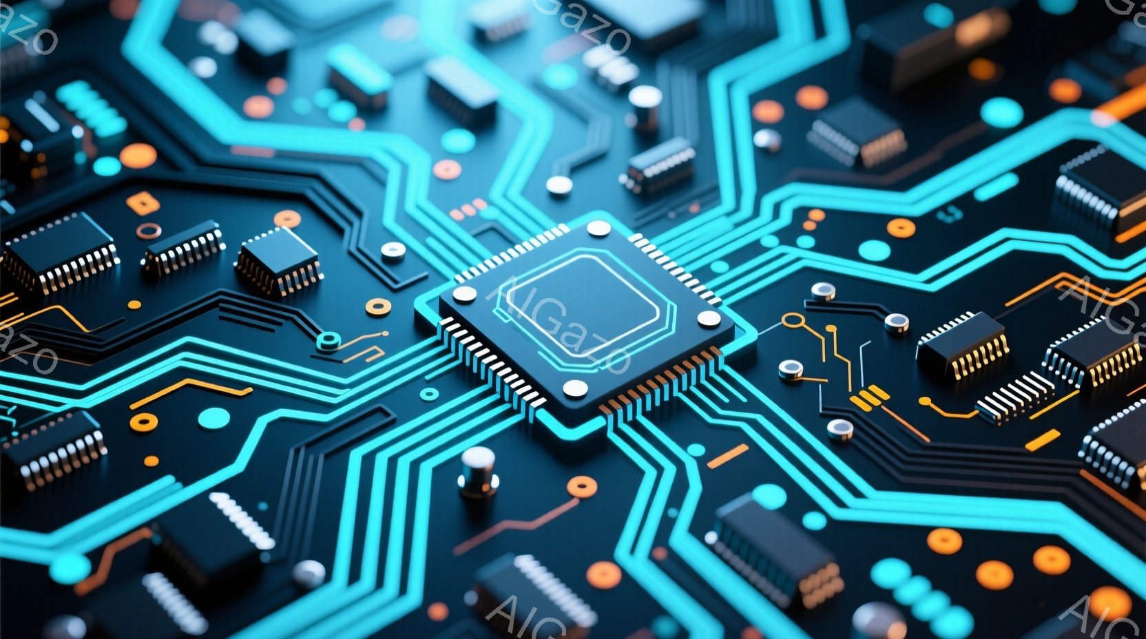 この画像は、複雑な電子回路基板のクローズアップです。鮮やかな青とオレンジ色のラインが、さまざまな電子部品（チップ、抵抗、コンデンサなど）を繋いでいます。基板は未来的な雰囲気で、高度な技術やデジタル世界のイメージを喚起させます。