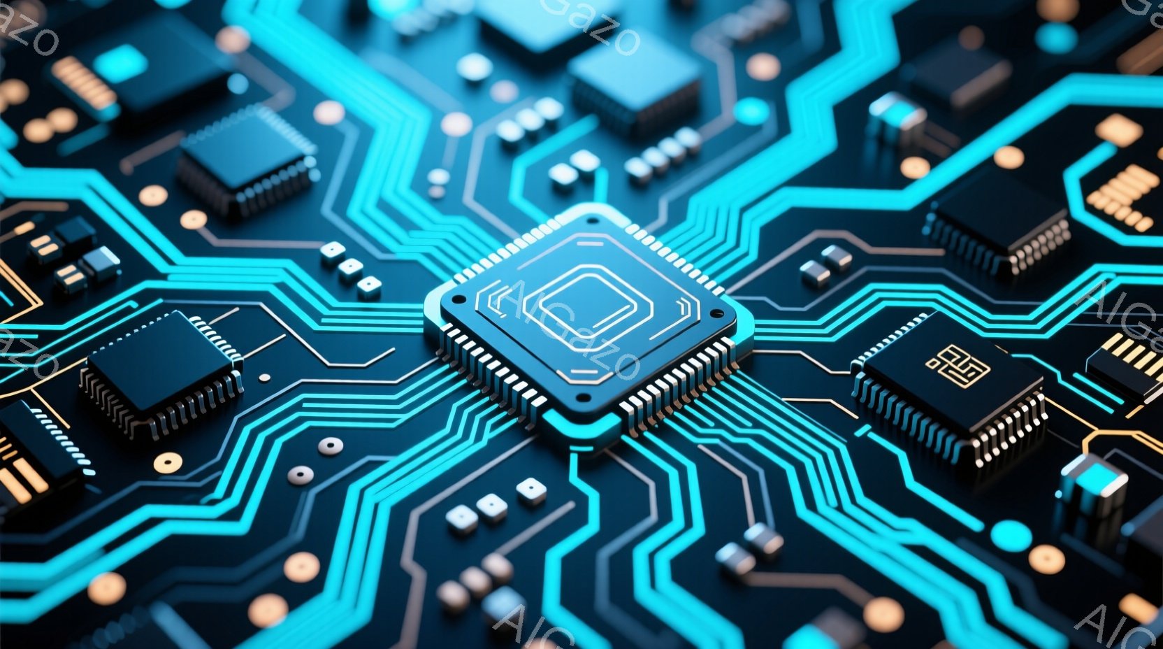 この画像は、青い基板上に配置された電子部品のクローズアップです。中央には銀色の大きなICチップが配置され、その周囲には様々な抵抗やコンデンサなどの小型部品が整然と並んでいます。鮮やかな青色の配線が複雑に基板上を走り、現代的なテクノロジーの雰囲気を作り出しています。