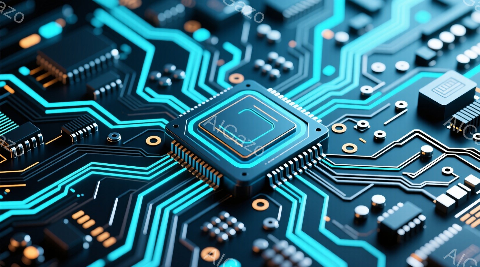 この画像は、複雑な電子回路基板をクローズアップで捉えたものです。鮮やかなターコイズブルーのラインが、黒い基板上を複雑に走っており、様々な電子部品が配置されています。全体的に未来的な印象を与え、テクノロジーの進化を象徴しているかのようです。