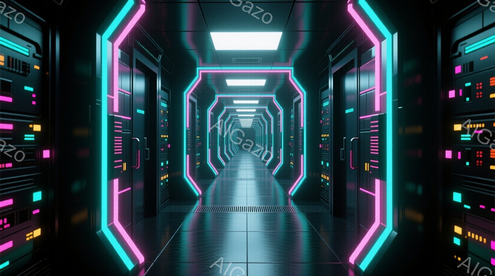 この画像は、未来的なデータセンターの廊下を描いています。左右には黒いサーバーラックが整然と並び、ネオンピンクとターコイズブルーの光が枠を縁取って、奥行きのある視覚効果を生み出しています。床は光沢のある - AI生成フリー素材