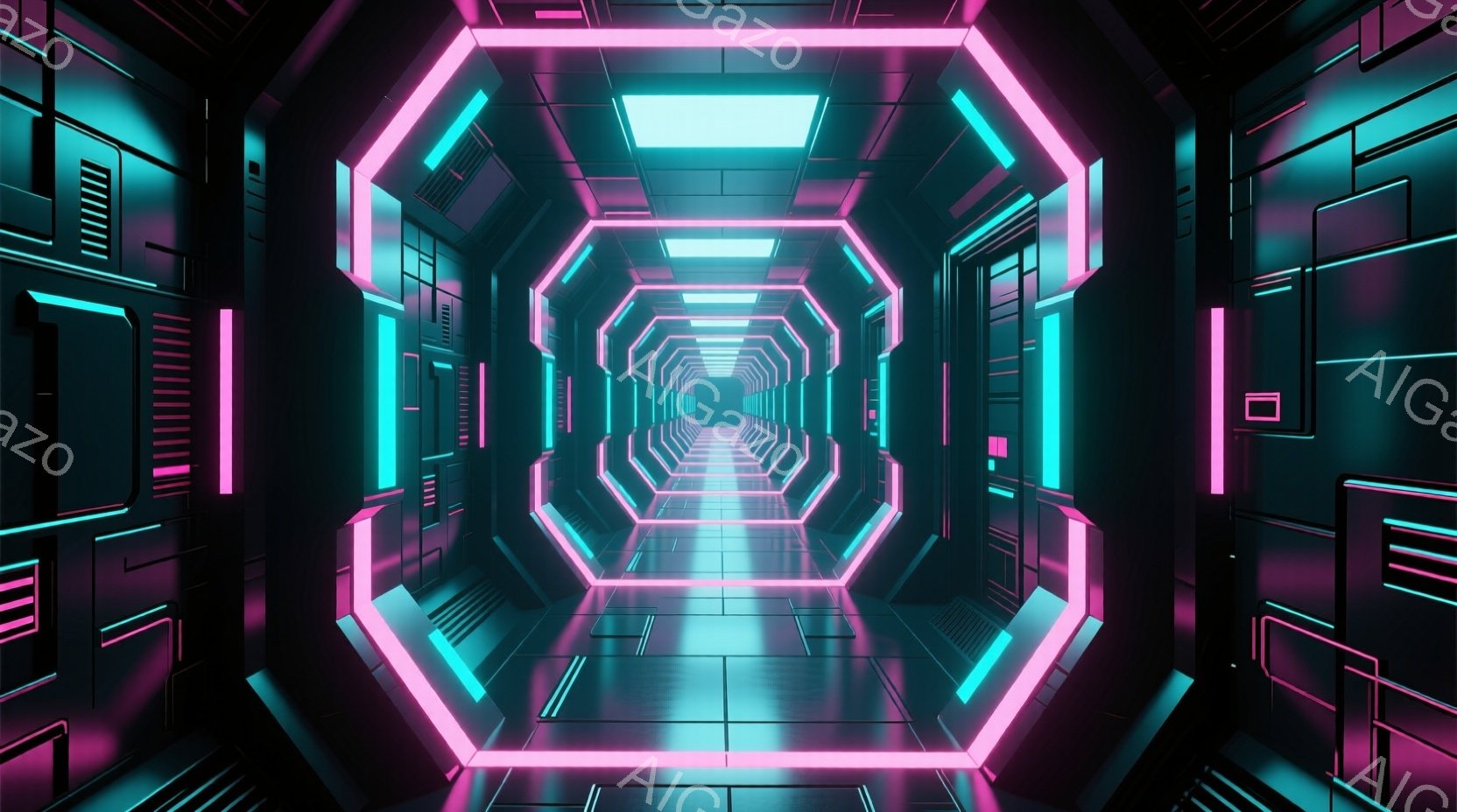 この画像は、暗い背景に、ネオンピンクとターコイズブルーの光が走る未来的なトンネルを描いています。幾何学的な構造が繰り返され、遠近感を強調し、無限に続くような錯覚を生み出しています。全体的にクールでサイ - AI生成フリー素材