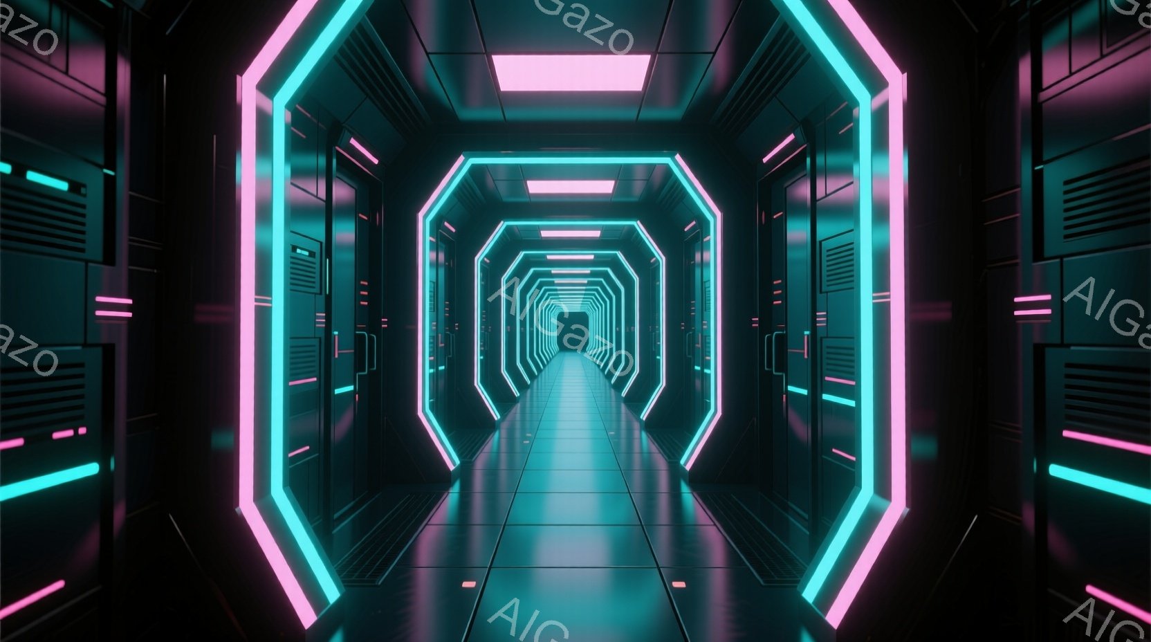 この画像は、ネオンライトで照らされた未来的な廊下を描いています。廊下の壁は黒を基調とし、ターコイズブルーとマゼンタのラインが幾何学的に配置され、遠近法によって奥行きが強調されています。床は光沢のあるタイルで覆われ、全体的に冷たく、テクノロジーを感じさせる雰囲気です。