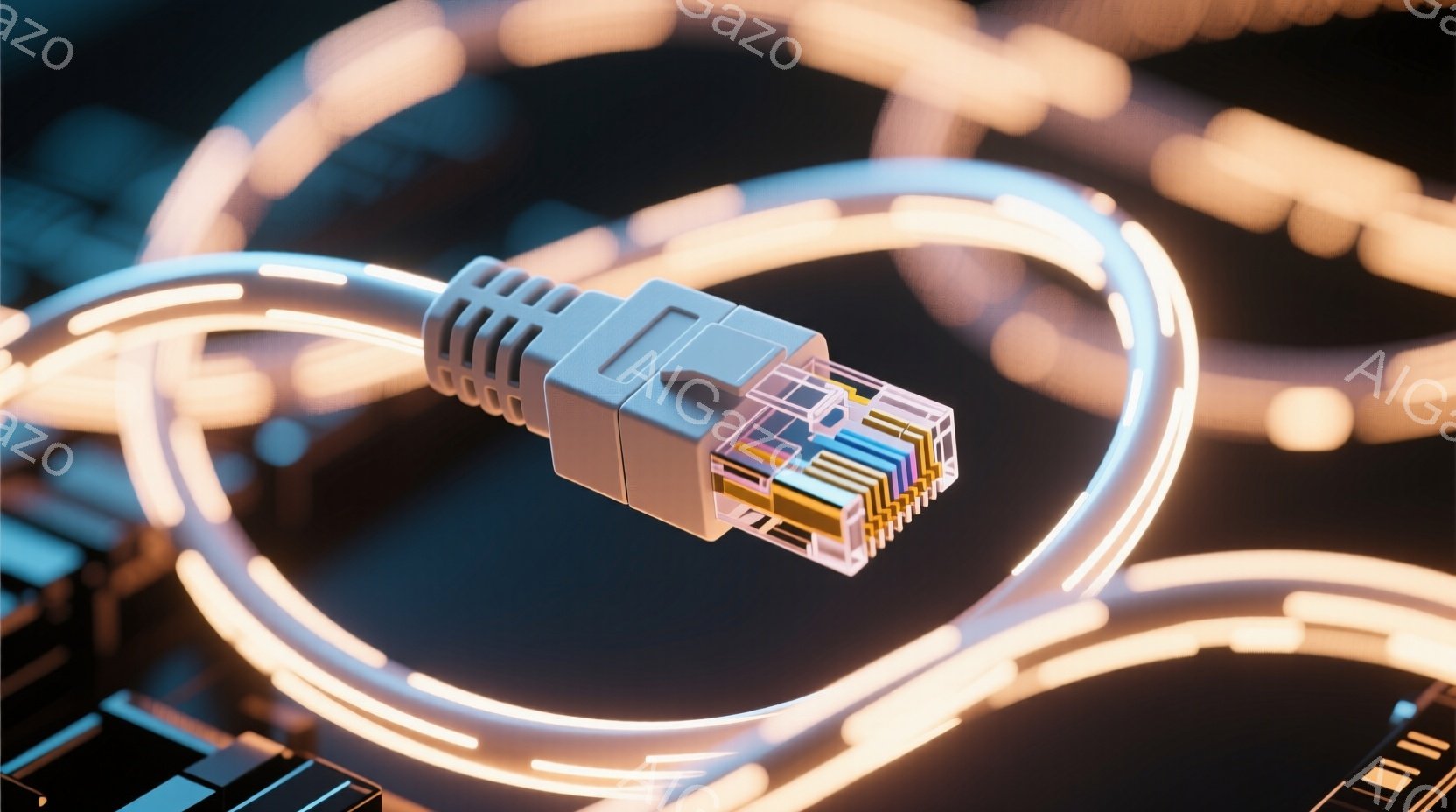 画像は、ネットワークケーブルのコネクタが鮮明に捉えられています。コネクタは白く、内部にはカラフルなワイヤーが整然と並んでいます。背景には、ぼやけた光の線と暗い背景が広がり、高速データ伝送を連想させる未来的な雰囲気を醸し出しています。