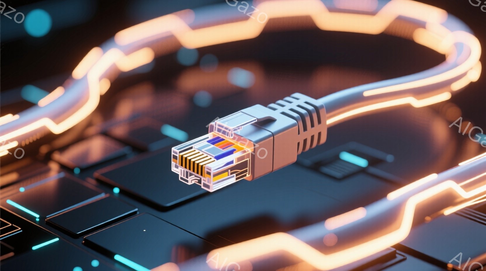 鮮やかな光のラインが敷き詰められたキーボード上に、ネットワークケーブルのプラグが配置されています。プラグはオレンジと青の光るラインに囲まれ、キーボードの暗い背景とコントラストをなしています。全体的に未来的な雰囲気で、データ通信やテクノロジーを連想させます。