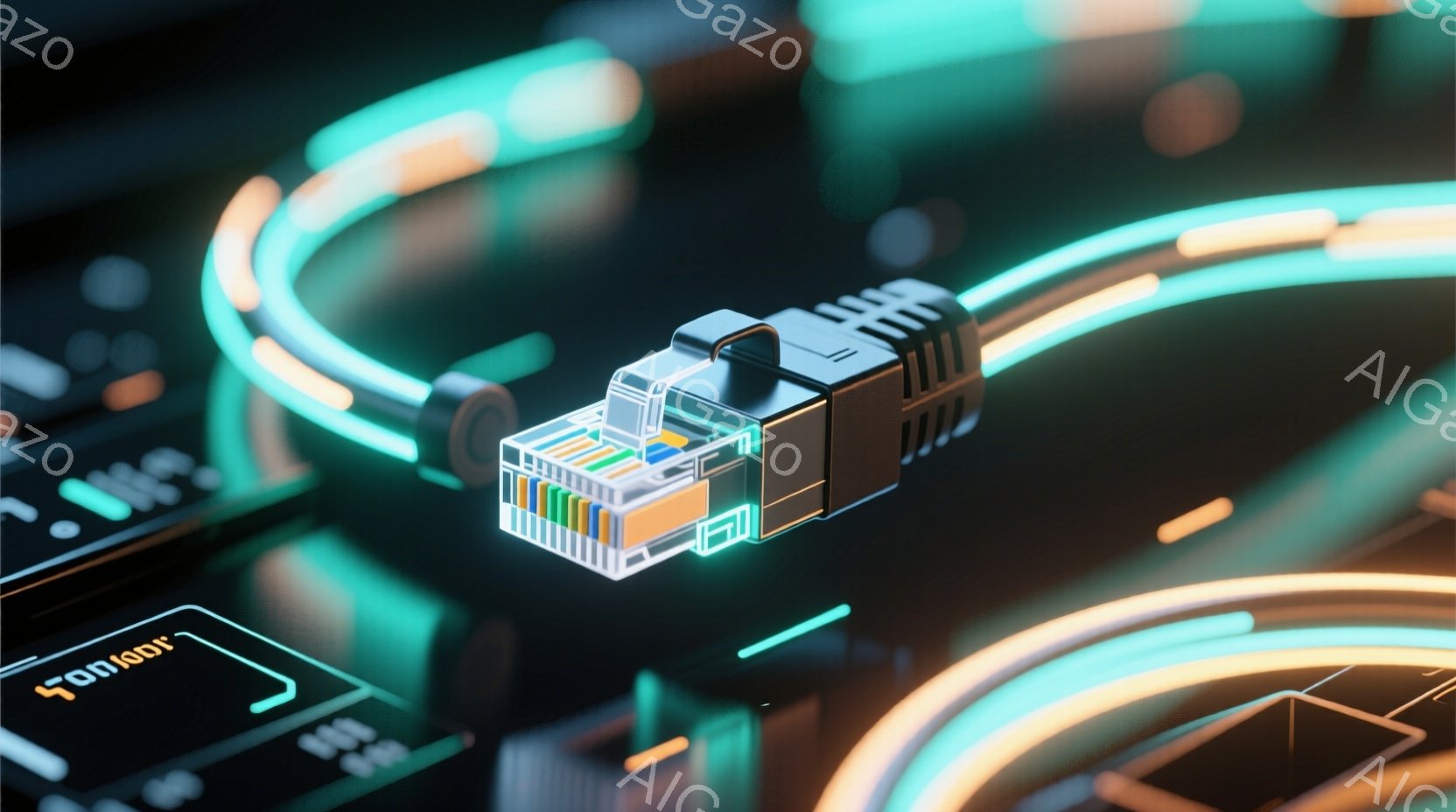 この画像は、ネットワークケーブルのプラグが鮮やかなネオンライトで照らされたクローズアップ写真です。プラグの内部配線がはっきりと視認でき、周囲には未来的な青とオレンジ色の光のラインが描かれています。全体的に、技術的な先進性と接続性を強調した、スタイリッシュでモダンな雰囲気です。