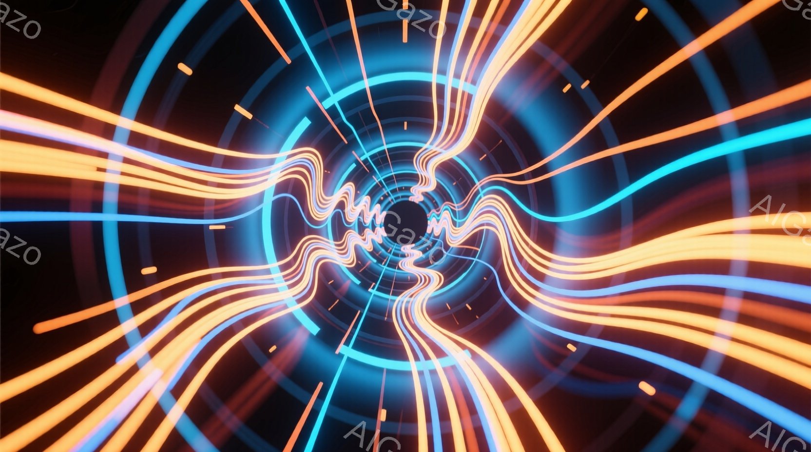 鮮やかなオレンジと青色の光線が、中心に向かって放射状に広がっている抽象的な画像です。光線は渦を巻き、まるでトンネルやワームホールの内部を覗き込んでいるかのような奥行きを感じさせます。全体的に未来的な雰 - AI生成フリー素材