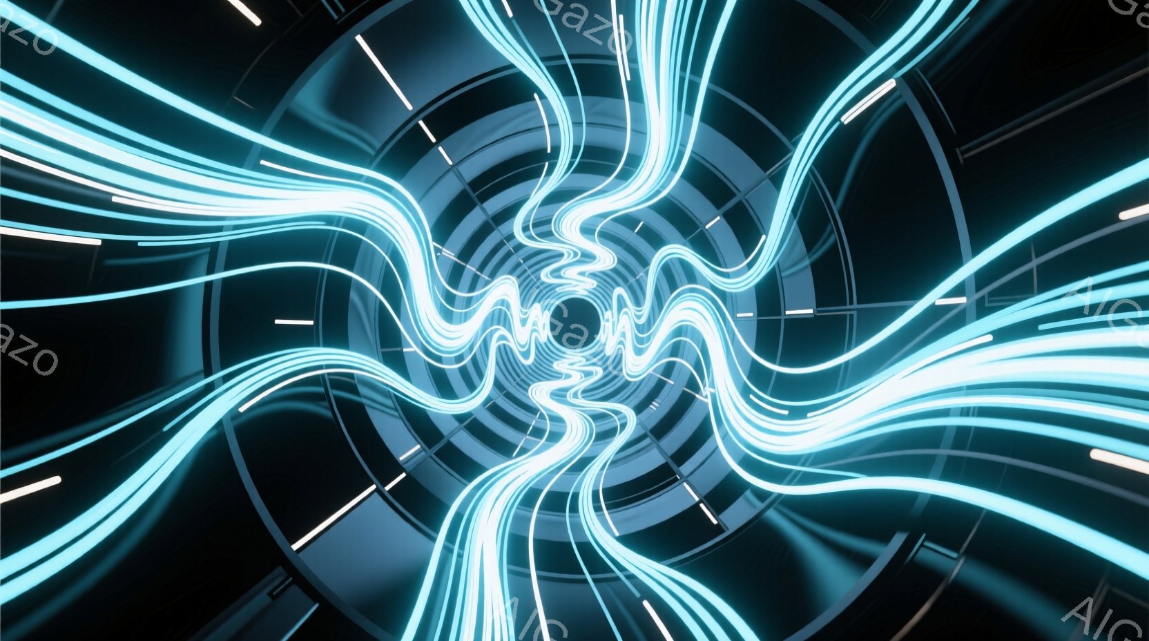 画像は、暗黒の空間に青白い光の線が渦巻状に広がる様子を描いています。中心から放射状に伸びる光の線は、未来的なトンネルやゲートウェイを形成し、強いエネルギーの流れを感じさせます。全体的に、神秘的でサイバーパンクな雰囲気を持ち、見る者を未知の世界へと誘うような印象を与えます。