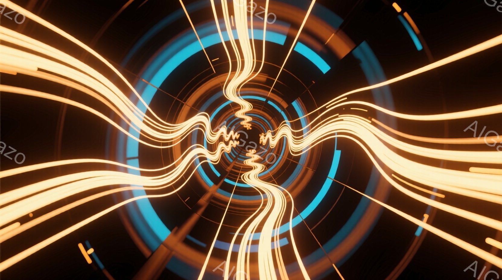 鮮やかなオレンジ色の光線が中心から放射状に広がり、青色の同心円状の光のリングに囲まれています。光線はうねり、エネルギーの流れや、まるでデジタル空間のトンネルのような感覚を喚起します。全体的に未来的な雰囲気で、光と影のコントラストが強い、抽象的なイメージです。