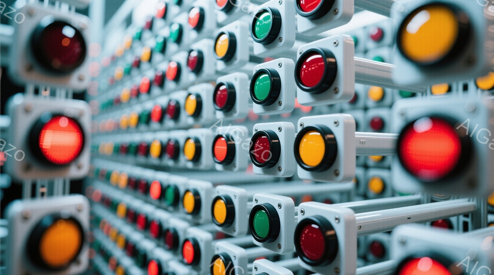 この画像は、様々な色の産業用ボタンが密集して並んだ様子を捉えています。赤、緑、黄色などのボタンが規則的に配置され、金属製のパイプがそれらを繋いでいます。全体的に無機質で、機械的な印象を与え、工場や制御室の一角を思わせる光景です。