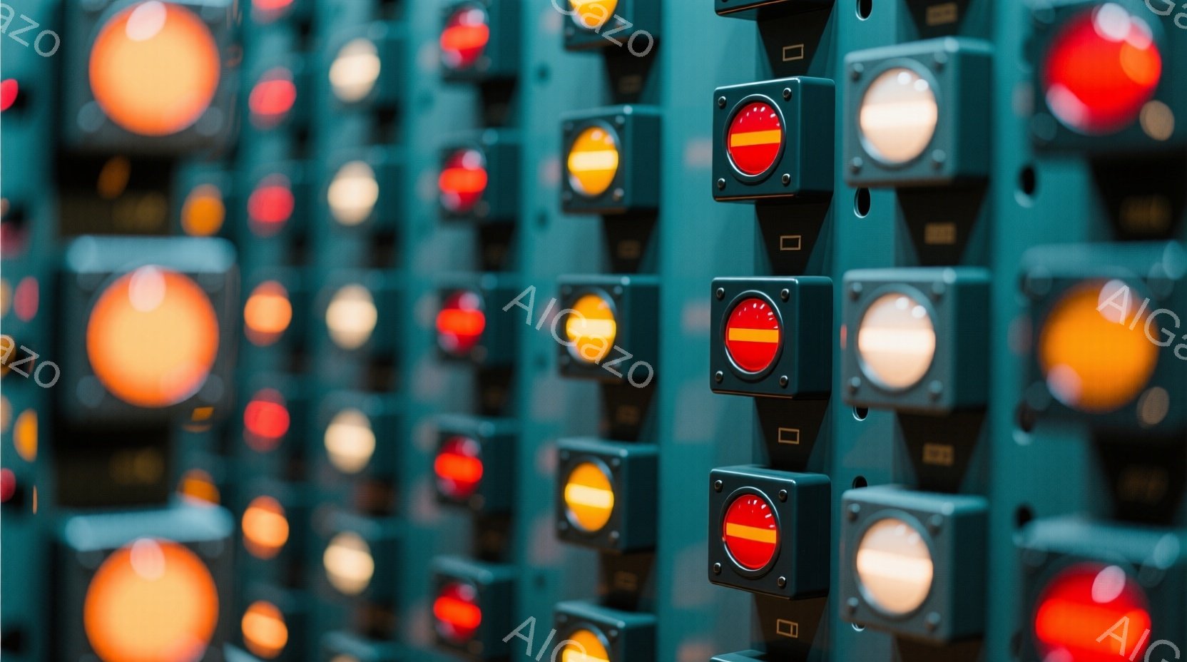 この画像は、規則的に配置された多くの円形の照明が壁一面に並んだ様子を捉えています。照明は赤、オレンジ、黄色といった暖色系で、それぞれ金属製のフレームに囲まれています。全体的に、どこかの産業施設やコントロールルームの一部のようで、メカニカルで少し不気味な雰囲気です。