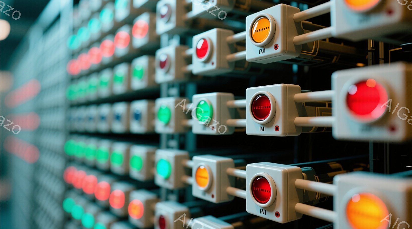 多数の丸いボタンが縦に並んだ、工業的な配電盤のクローズアップ写真です。ボタンは赤、緑、オレンジなどの色をしており、それぞれに小さなランプが付いています。配線が複雑に絡み合い、製造現場や制御室のような無機質で機能的な雰囲気を醸し出しています。