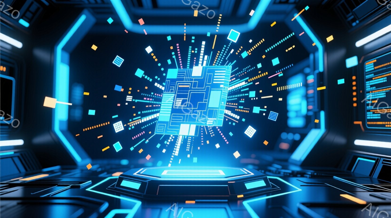 鮮やかな青色を基調とした未来的な空間に、複雑な回路が組み込まれた立方体が浮かび、周囲に光の粒子が飛び散っている様子が描かれている。立方体は、まるでデジタル世界の心臓部のように輝き、青い光が周囲の暗い空間を照らしている。全体的に、テクノロジーと未来を感じさせる、洗練された雰囲気である。