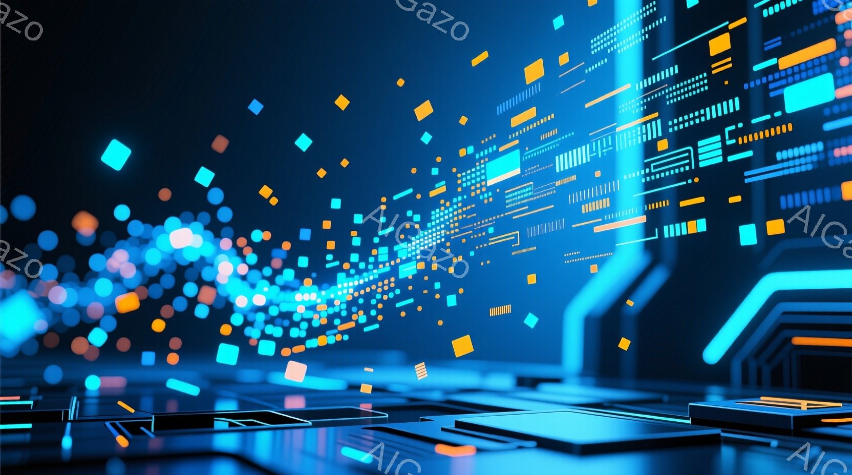 この画像は、未来的なテクノロジーを表現した抽象的な構図で、青とオレンジの光の粒子が立体的な回路基板の上空を飛び交っている様子が描かれています。基板は暗い背景に浮かび上がり、光の軌跡と相まって、データの流れやデジタル接続を象徴する鮮やかな視覚効果を生み出しています。全体的に、革新的で未来的な雰囲気が漂っています。