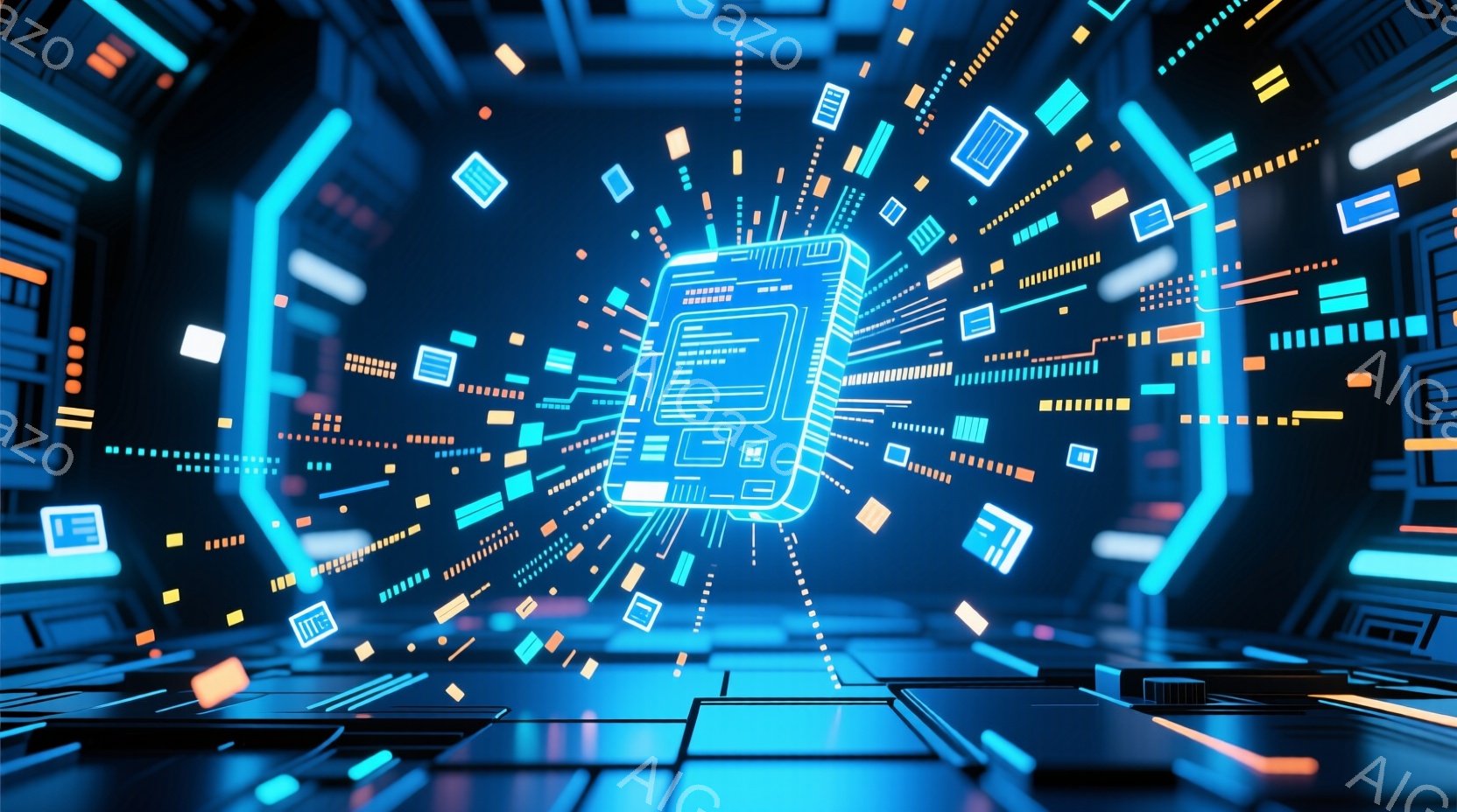 この画像は、未来的なトンネルのような空間に浮かぶ、複雑な回路基板を中心としたデジタルな光景です。鮮やかな青色とオレンジ色が基調で、基板から飛び出す無数の小さな四角形が、データストリームや接続を表してい - AI生成フリー素材