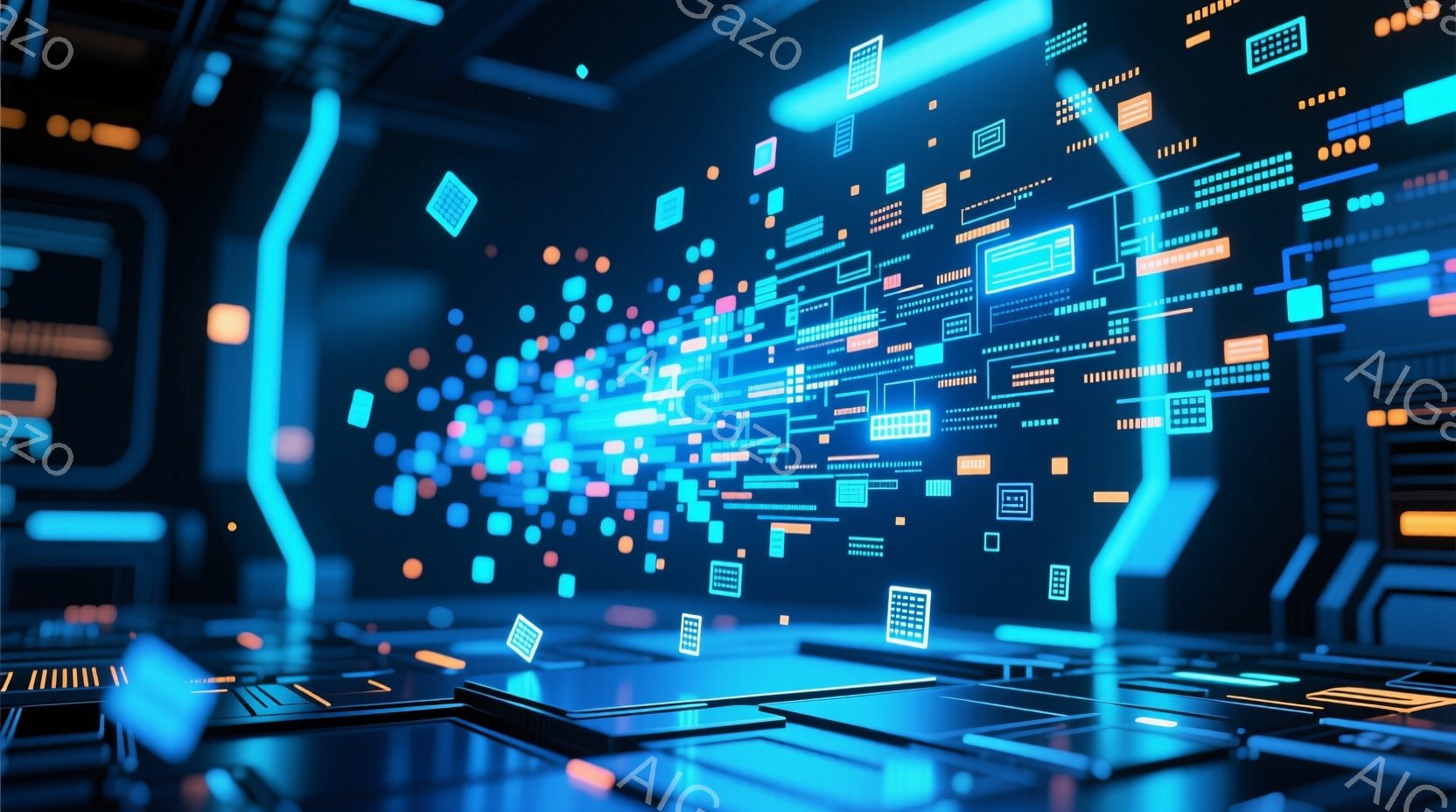 この画像は、青を基調とした未来的なデジタル空間を表しています。中央には光るプラットフォームがあり、そこから無数の小さな光の立方体や線が飛び出して、サイバー空間のような抽象的な構造を形成しています。全体 - AI生成フリー素材