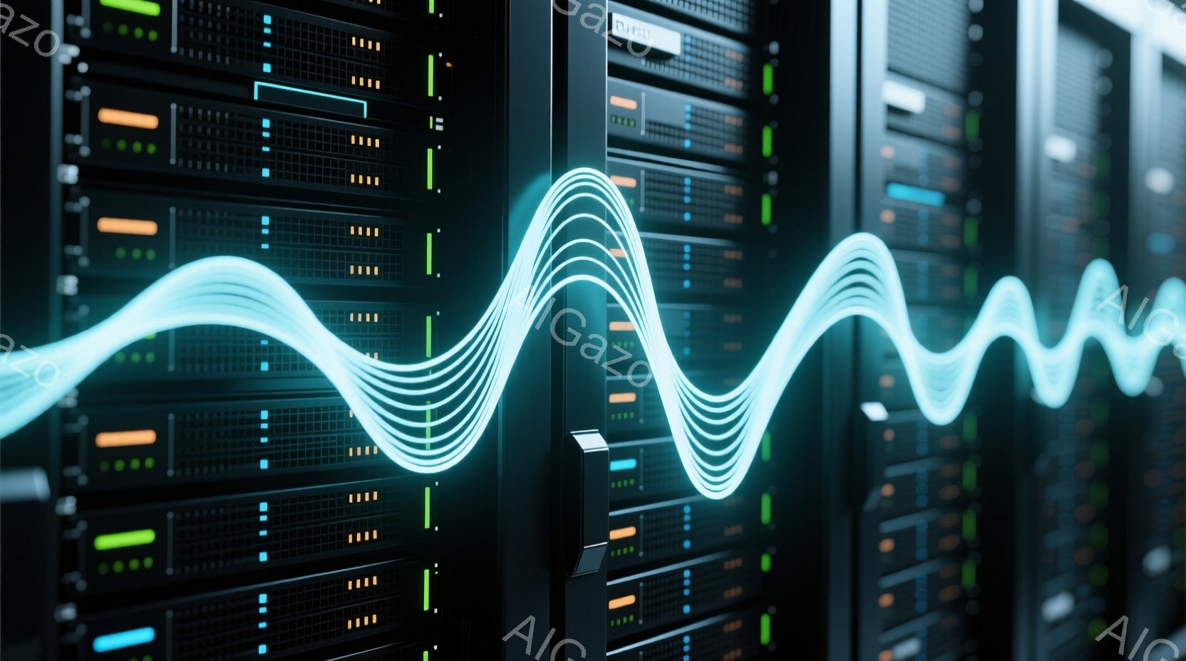 サーバーラックが密集して並び、青色の光の波形がその前面を横切っている様子が描かれている。ラックには多数の小さな緑色やオレンジ色の光が点灯しており、稼働状況を示唆している。全体的に、データセンターや技術的なインフラストラクチャを連想させる、未来的でハイテクな雰囲気が漂っている。
