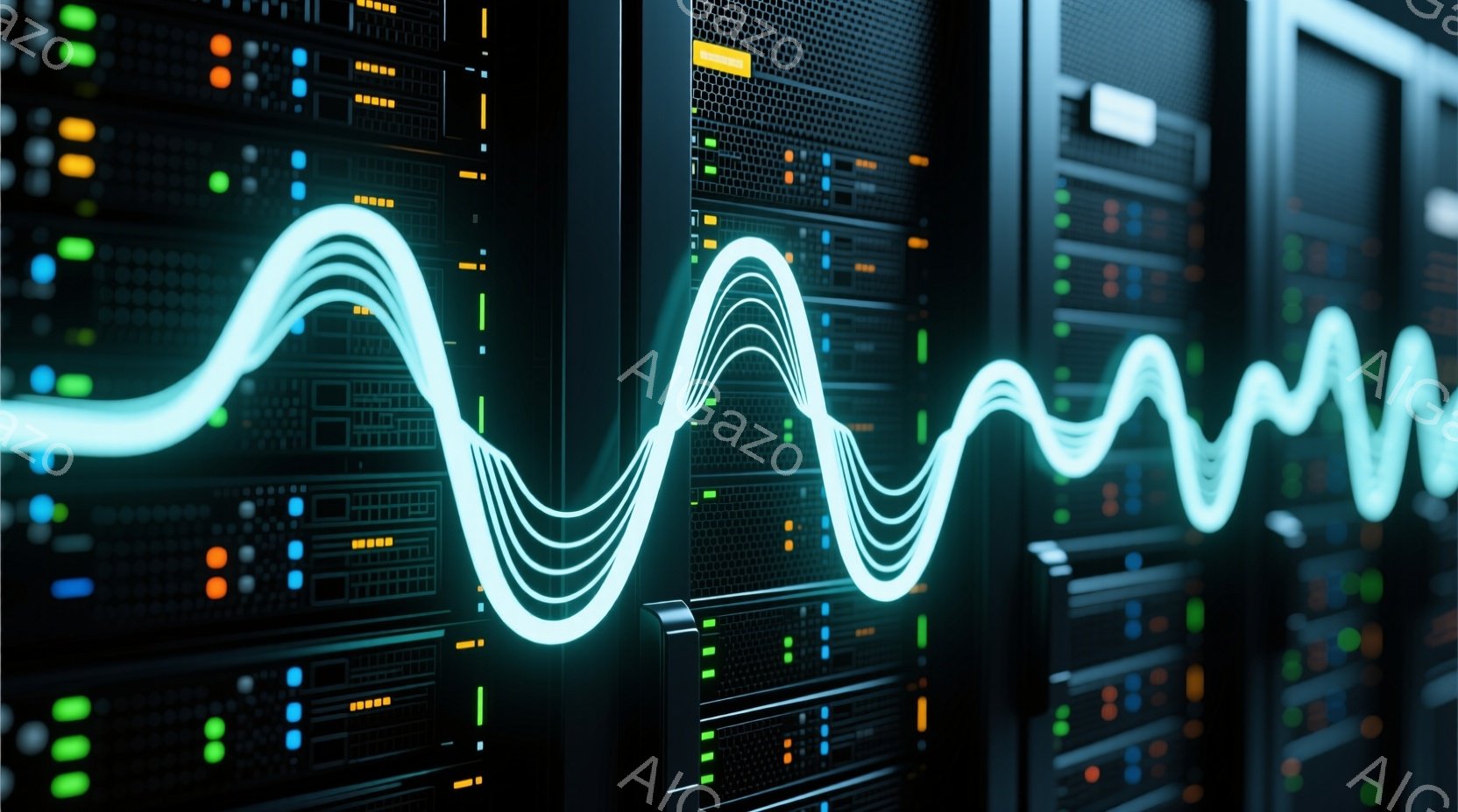 サーバーラックが密集しており、緑、青、オレンジ色のLEDライトが点滅している様子が描かれています。ラックの前面には、波形の光が重ねられ、データ処理やネットワーク接続を視覚的に表現しています。全体的に、 - AI生成フリー素材