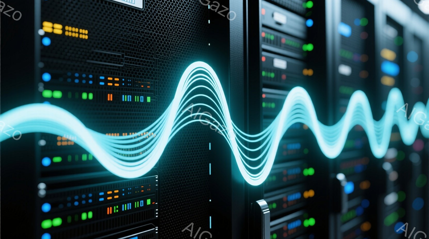 この画像は、サーバーラックが密集したデータセンターを捉えています。ラックには多数の点灯したインジケーターライトがあり、緑、オレンジ、青色の光が規則的に点滅しています。画面中央には、明るい青色の波形が光り、データストリームや信号処理を象徴しているように見えます。