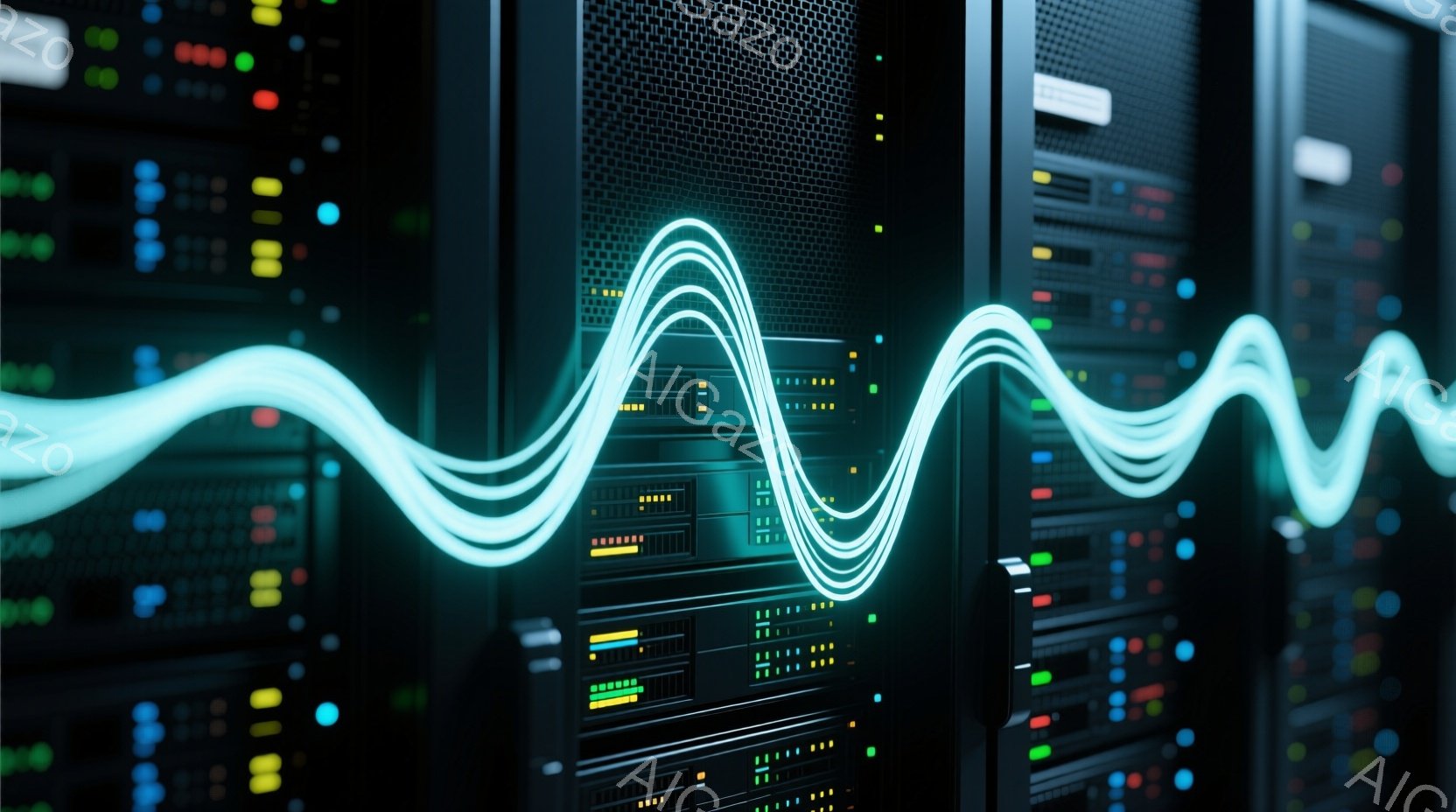 この画像は、サーバーラックが並んだデータセンター内部を捉えています。ラックには青緑色の光が点滅しており、その前面を波状の光線が横切っています。全体的に暗く、高科技で未来的な雰囲気です。