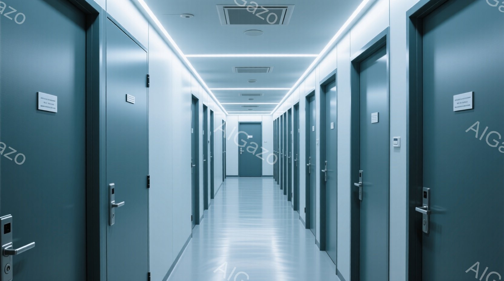 長い廊下に沿って、均一な灰色のドアが規則的に並んでいます。各ドアには金属製の取っ手があり、小さな標識が付けられています。廊下の床と天井は明るいグレーで、全体的に清潔で無機質な雰囲気が漂っています。