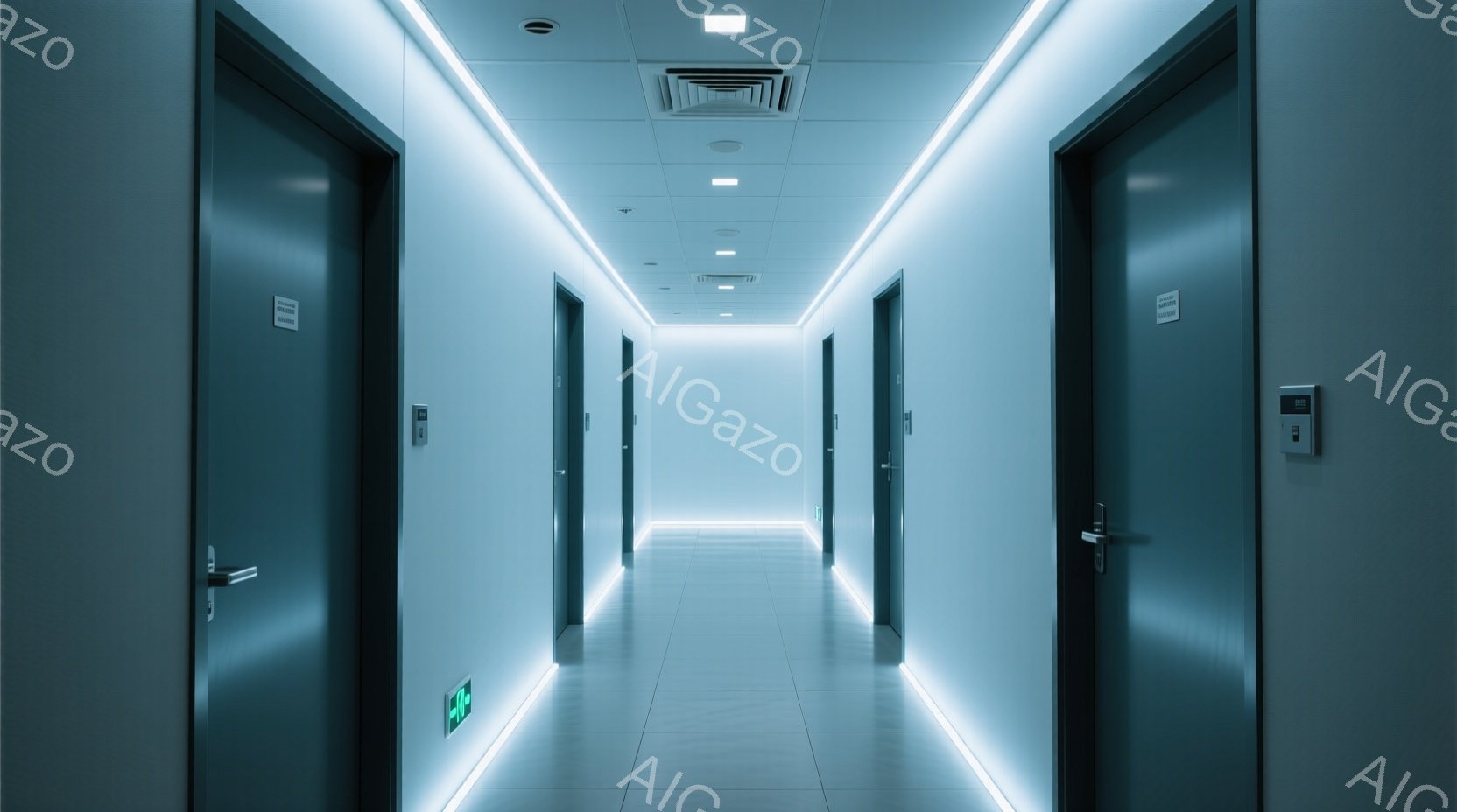 長い廊下の画像で、両側に灰色のドアが等間隔に並んでいる。天井には明るい蛍光灯が設置され、床には光るラインが走っており、未来的な雰囲気を醸し出している。この空間は、人影がなく、静かで無機質であり、どこか - AI生成フリー素材