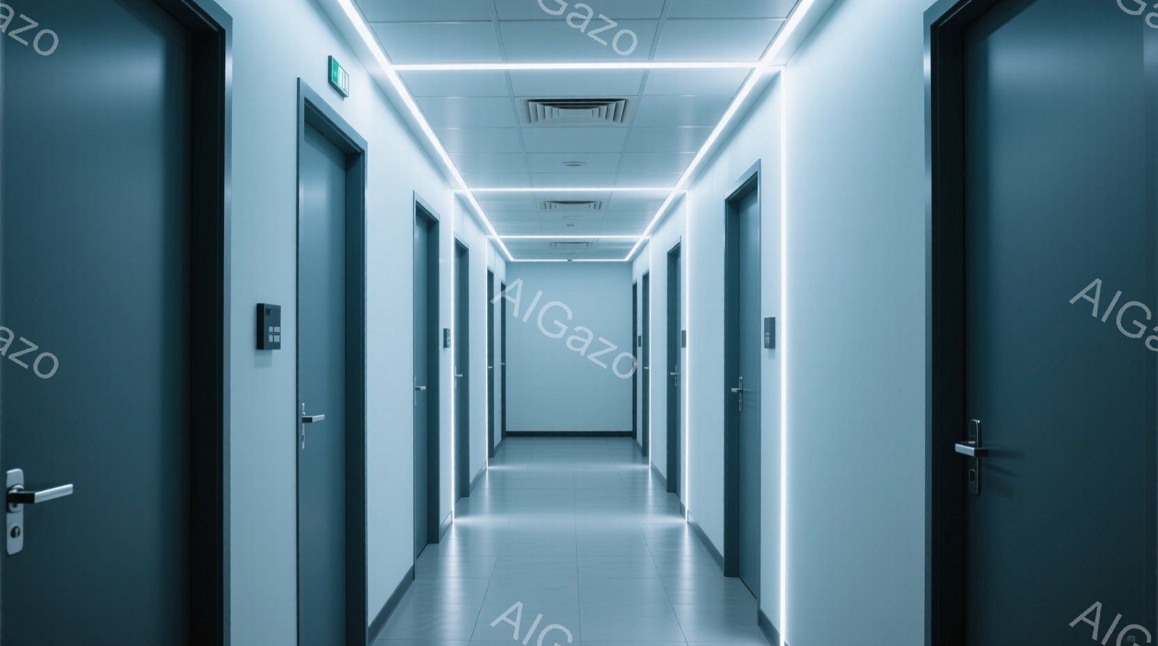 この画像は、廊下の様子を捉えたもので、左右に整然と並んだ灰色のドアが特徴的です。天井には白い蛍光灯が走っており、廊下の奥へと続く光が、未来的で無機質な雰囲気を醸し出しています。床は光沢のあるタイルで、全体的に冷たく、静寂な空間が強調されています。