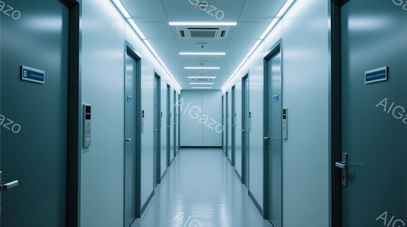 長い廊下には、左右に一列に並んだ灰色のドアが連なっています。天井には蛍光灯と換気口があり、床は光沢のあるグレーのタイルで覆われています。無機質で静寂な雰囲気で、どこか冷たい印象を与える空間です。